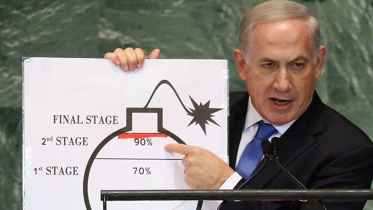 Benjamin Netanyahu, prime minister of Israel, points to a red line he drew on a graphic of a bomb while addressing the United Nations General Assembly Sept. 27, 2012, in New York City.