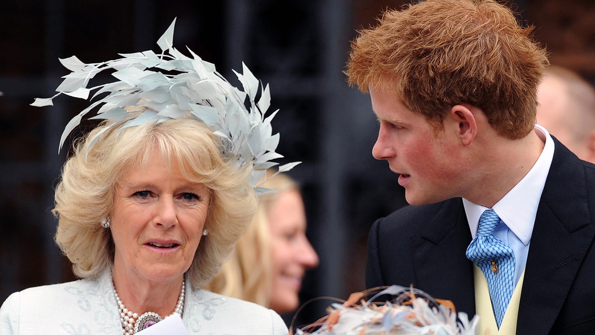 Camilla wearing a light blue dress and a matching hat as Prince Harry in uniform talks to her