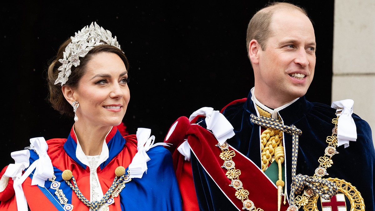 A close-up of Prince William and Kate Middleton in royal regalia