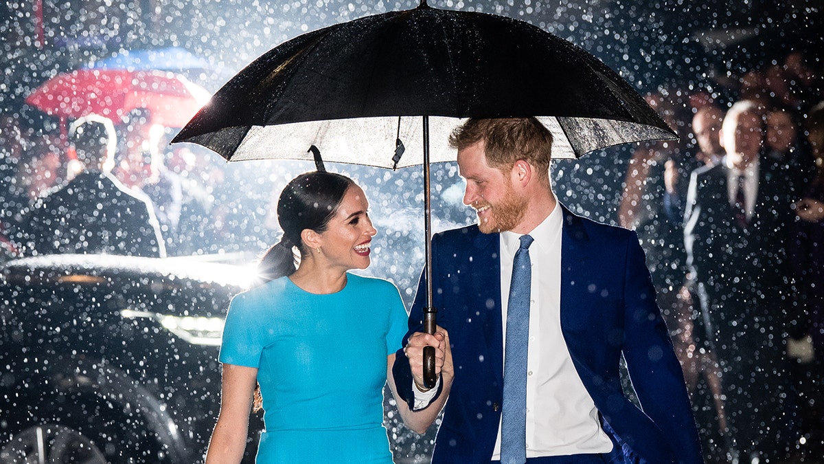 Meghan Markle in a blue dress and Prince Harry wearing a grey suit holding an umbrella in the rain