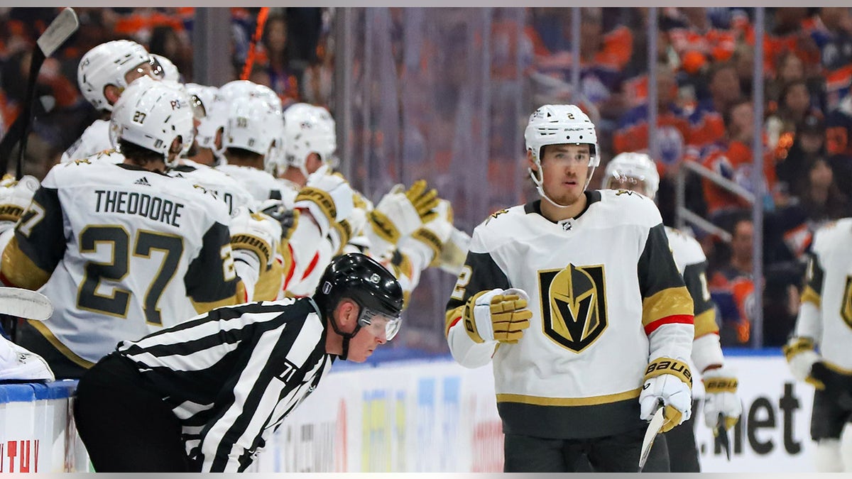 Zach Whitecloud celebrates a goal