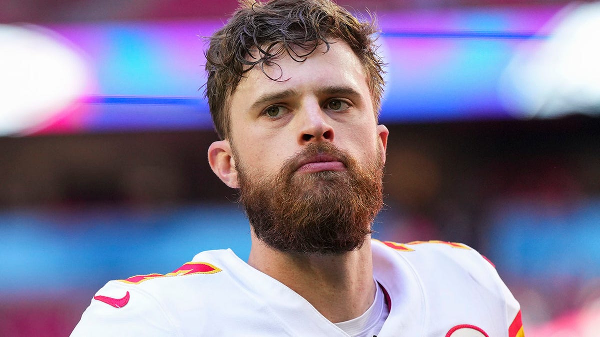 Harrison Butker of the Kansas City Chiefs warms up before Super