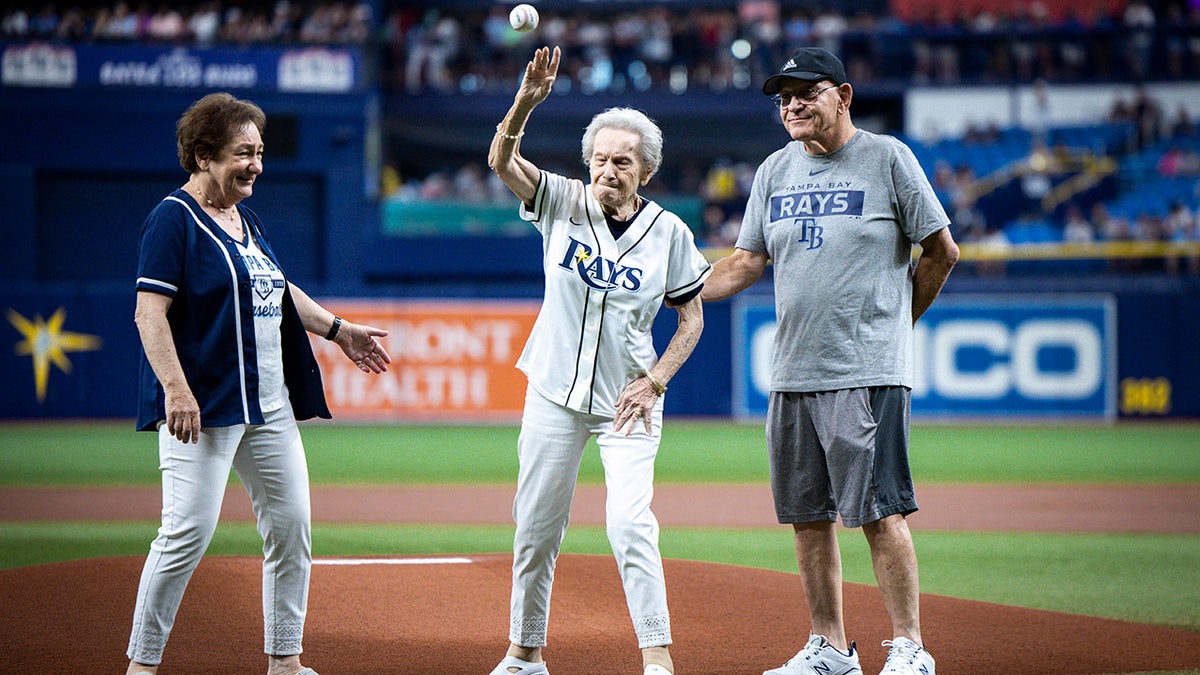 Helen Kahan throws pitch at Rays game