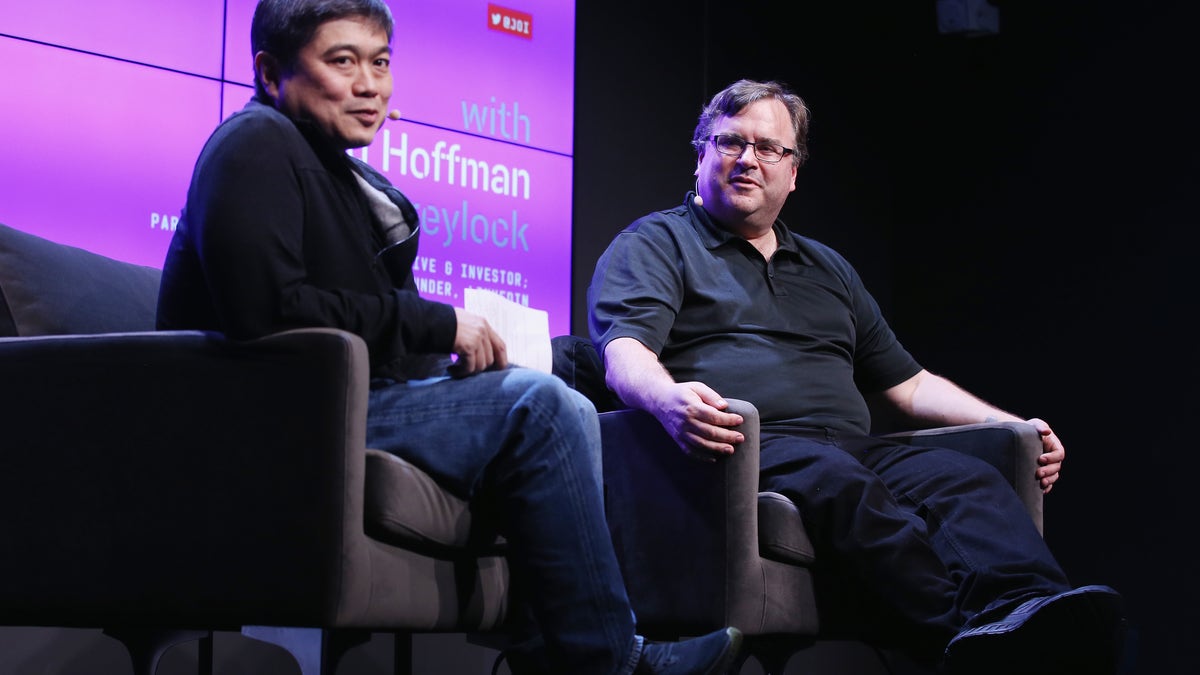Joi Ito (L) and Reid Hoffman speak onstage at WIRED25 Festival on Oct. 13, 2018 in San Francisco, Calif.