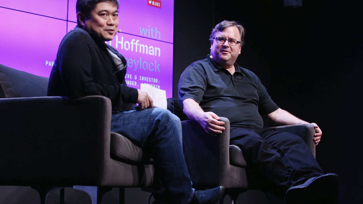 Joi Ito (L) and Reid Hoffman speak onstage at WIRED25 Festival on Oct. 13, 2018 in San Francisco, Calif.