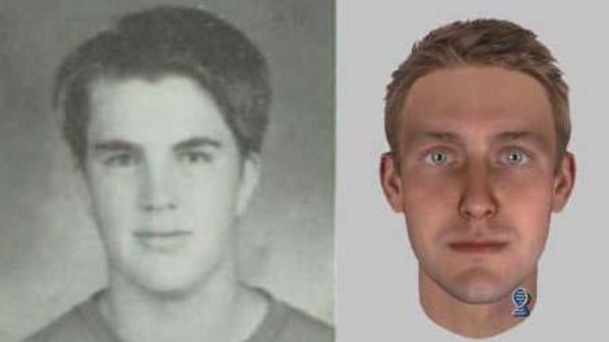 A side-by-side photo of Jefferey Kimzey and the DNA composite photo imagining his appearance