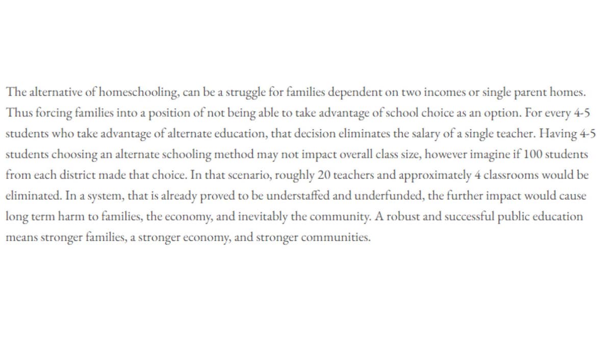 Democrat Virginia delegate candidate Jessica Anderson's public education section of her website.
