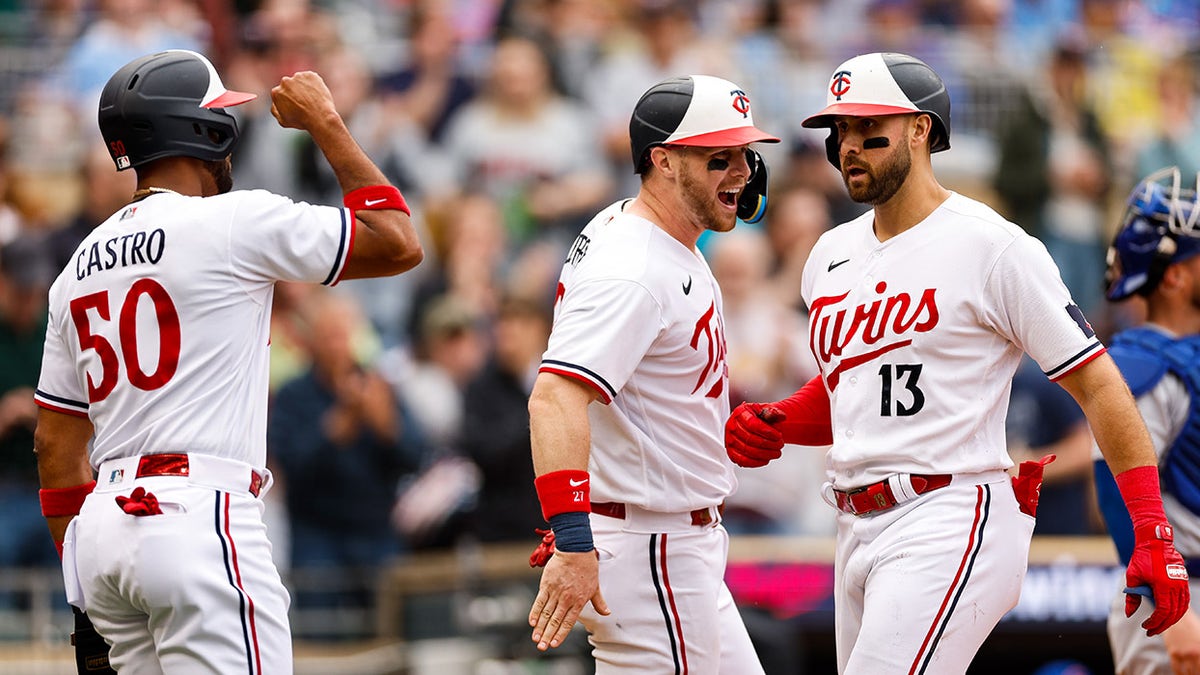 Texas Rangers' Joey Gallo, right, celebrates his two-run home run