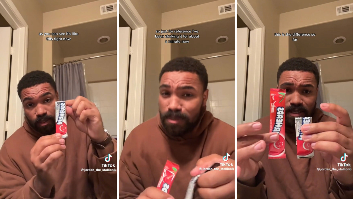 Jordan Howlett demonstrates Airheads hack by shaking the candy and comparing the size.