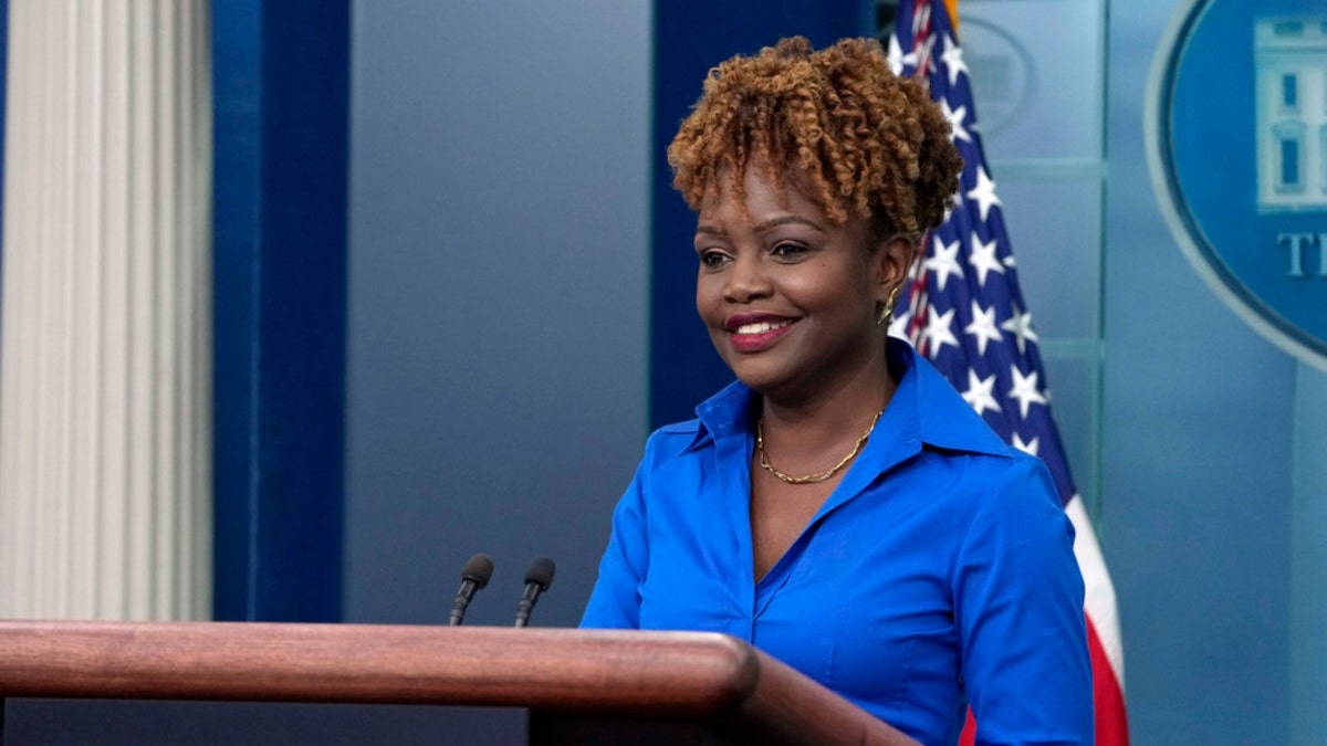 White House press secretary Karine Jean-Pierre wearing blue during a briefing
