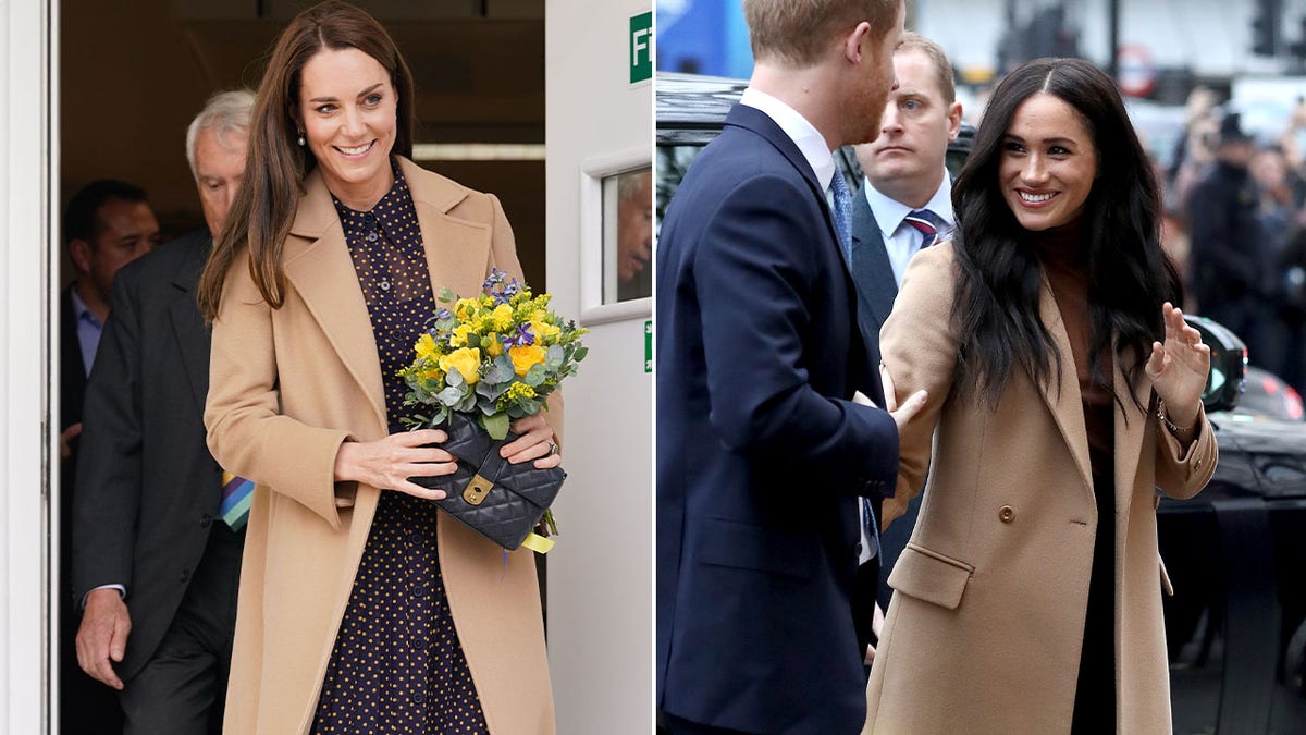 Kate Middleton in tan coat split with Meghan Markle in tan coat