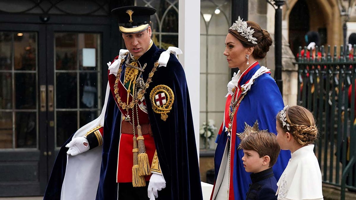The Prince and Princess of Wales and Princess Charlotte and Prince Louis arrive at Westminster Abbey