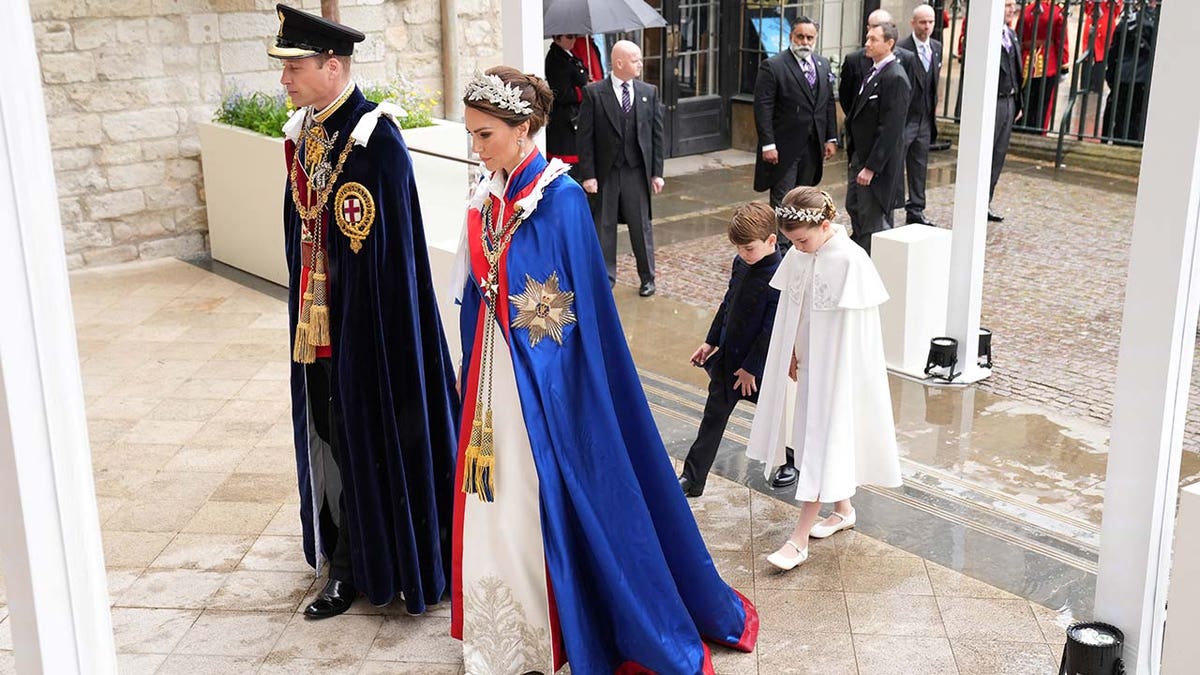 Prince and Princess of Wales, Prince William and Kate Middleton, Prince Louis and Princess Charlotte arrive for the coronation