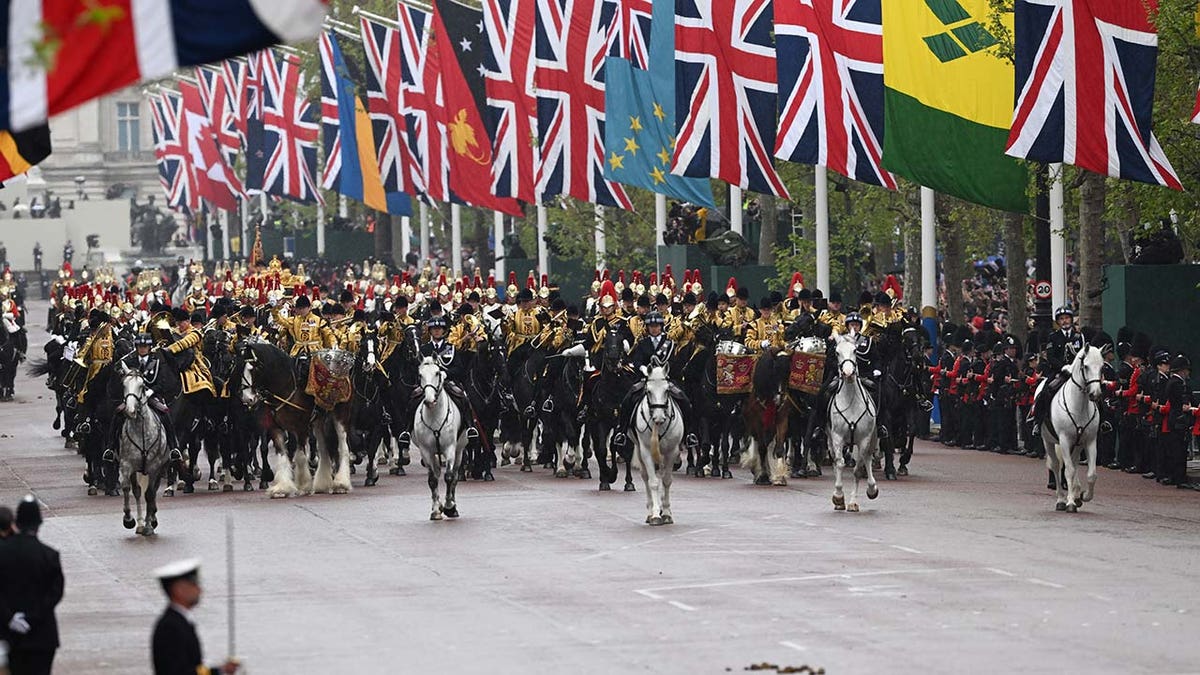 The Household Cavalry Mounted Band can be seen on the Mall during the Coronation of King Charles III and Queen Camilla