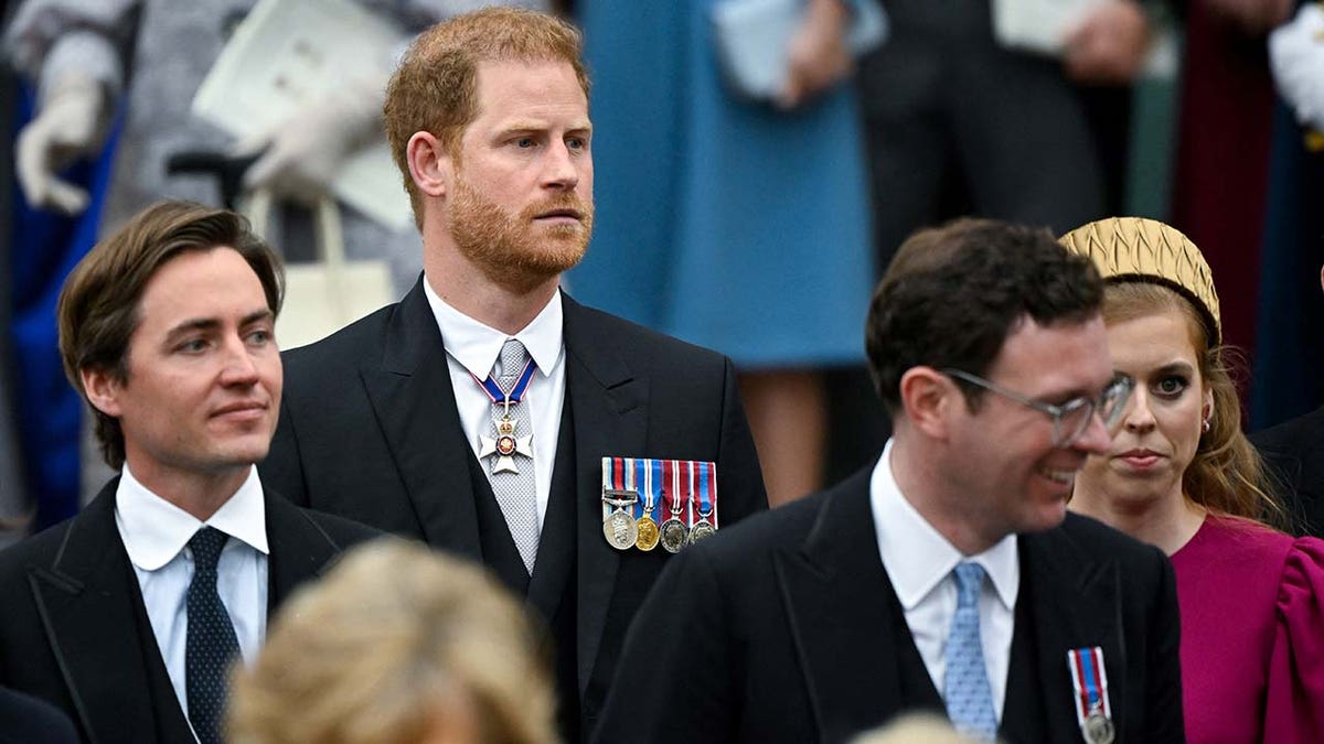 Britains Prince Harry, Duke of Sussex, Jack Brooksbank, Princess Beatrice and her husband Edoardo Mapelli Mozzi leave Westminster Abbey