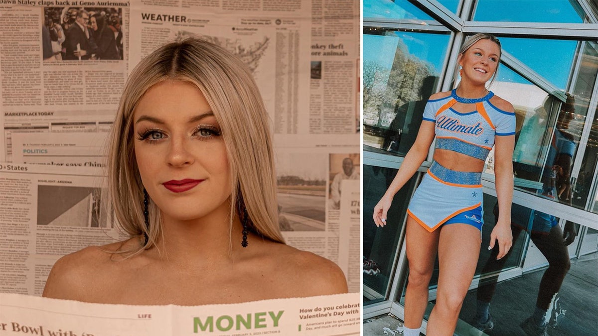 Madi Lane, 22, posing in front of newspapers and in a cheerleading outfit.