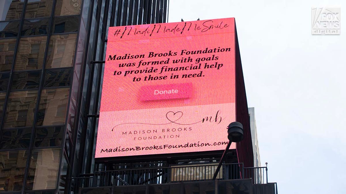 A billboard for the Madison Brooks Foundation is seen on display in Times Square