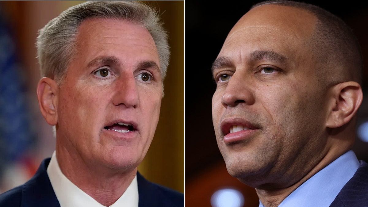 A split image showing Speaker of the House Kevin McCarthy and House Minority Leader Hakeem Jeffries