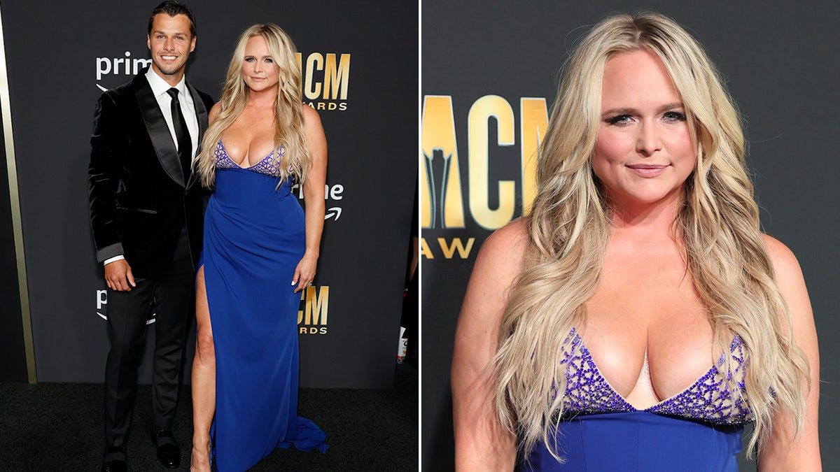 Miranda Lambert sports revealing blue gown on red carpet at country music awards