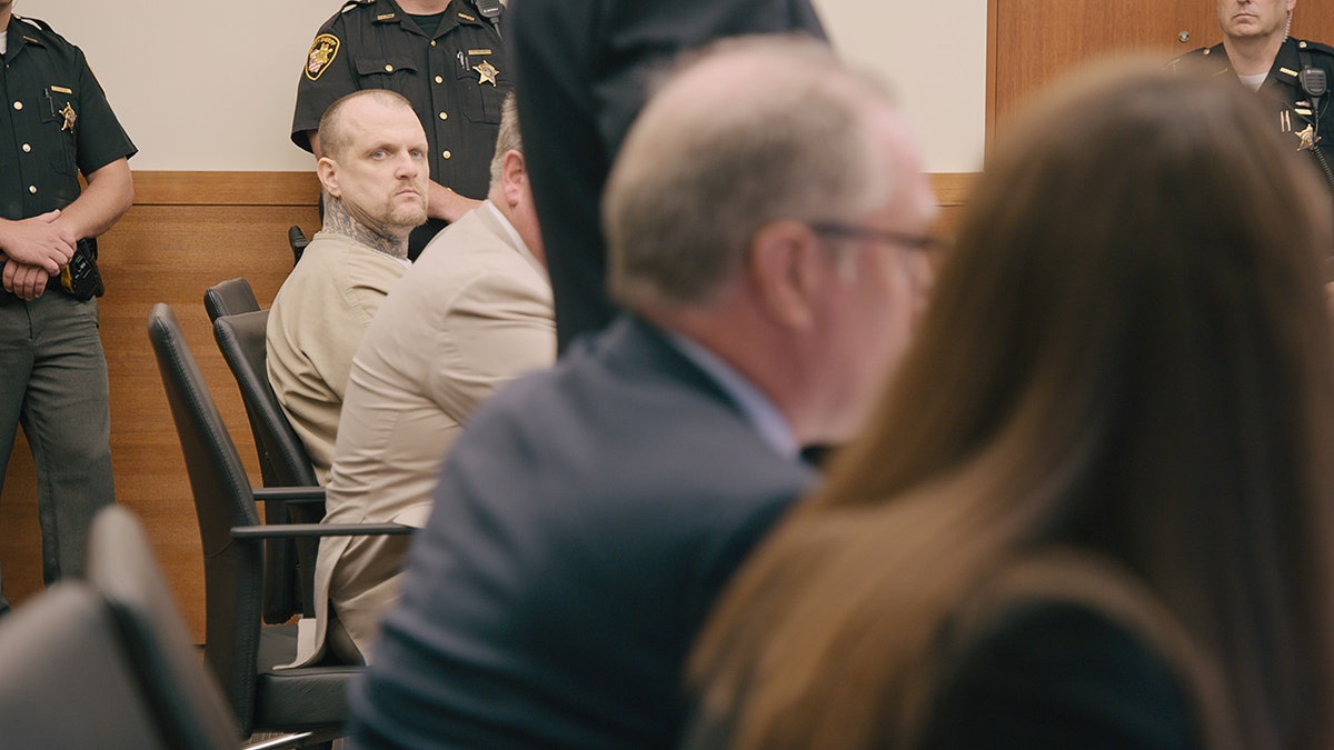 Michael Slager looking towards the camera while on trial