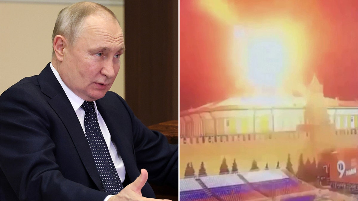 Split image of Russian President Vladimir Putin and drone shot down