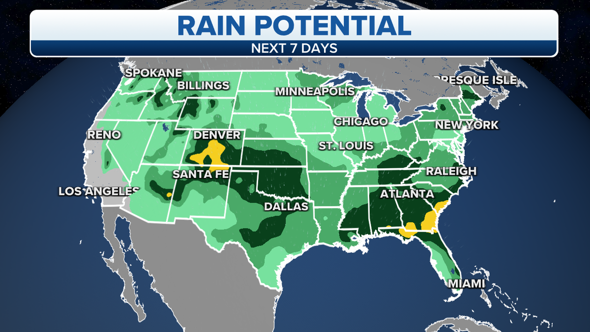 The potential for rain across the country over the next week