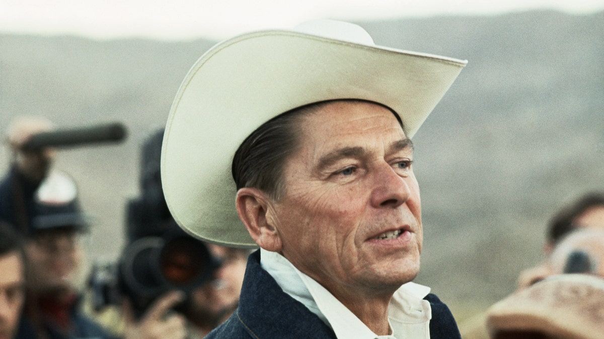 Then-California Gov. Ronald Reagan wears a cowboy hat during a trail ride on Dec. 5, 1968, at the GOP Governor's Conference.
