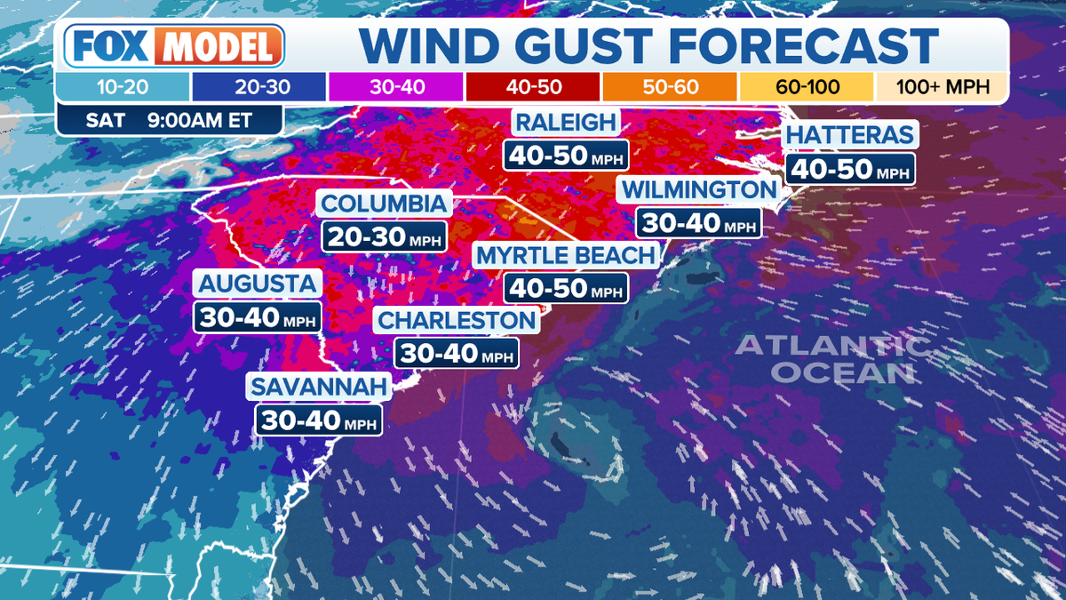Wind gusts in the Southeast, Mid-Atlantic