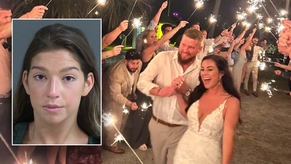 Jamie Komoroski's booking photo and a picture of the wedding.
