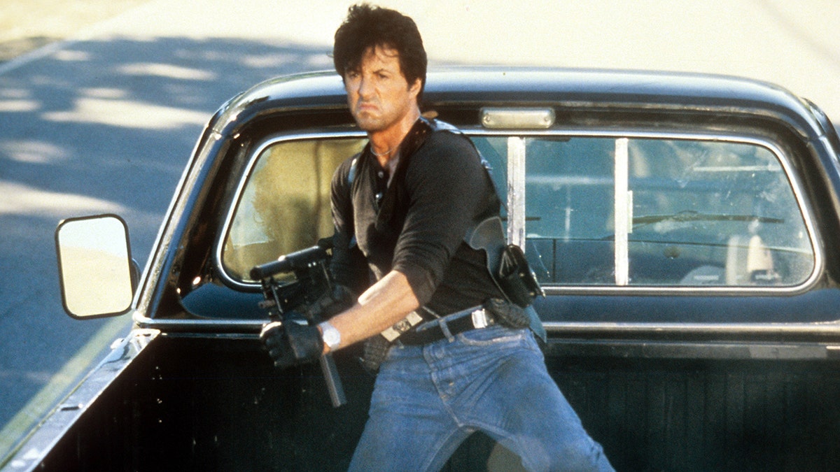 Sylvester Stallone filming a scene for "Cobra"