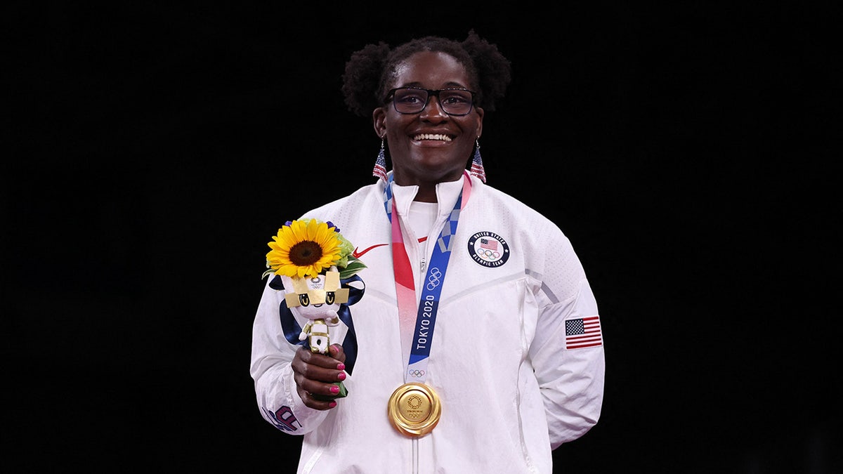 Gold medalist USAs Tamyra Mariama Mensah-Stock poses