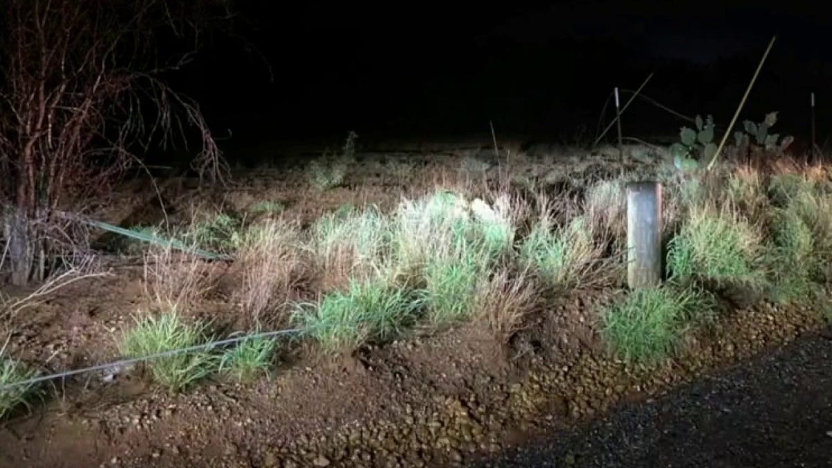 A destroyed fence on the Canales property. (Screengrab/ Fox News Tonight)