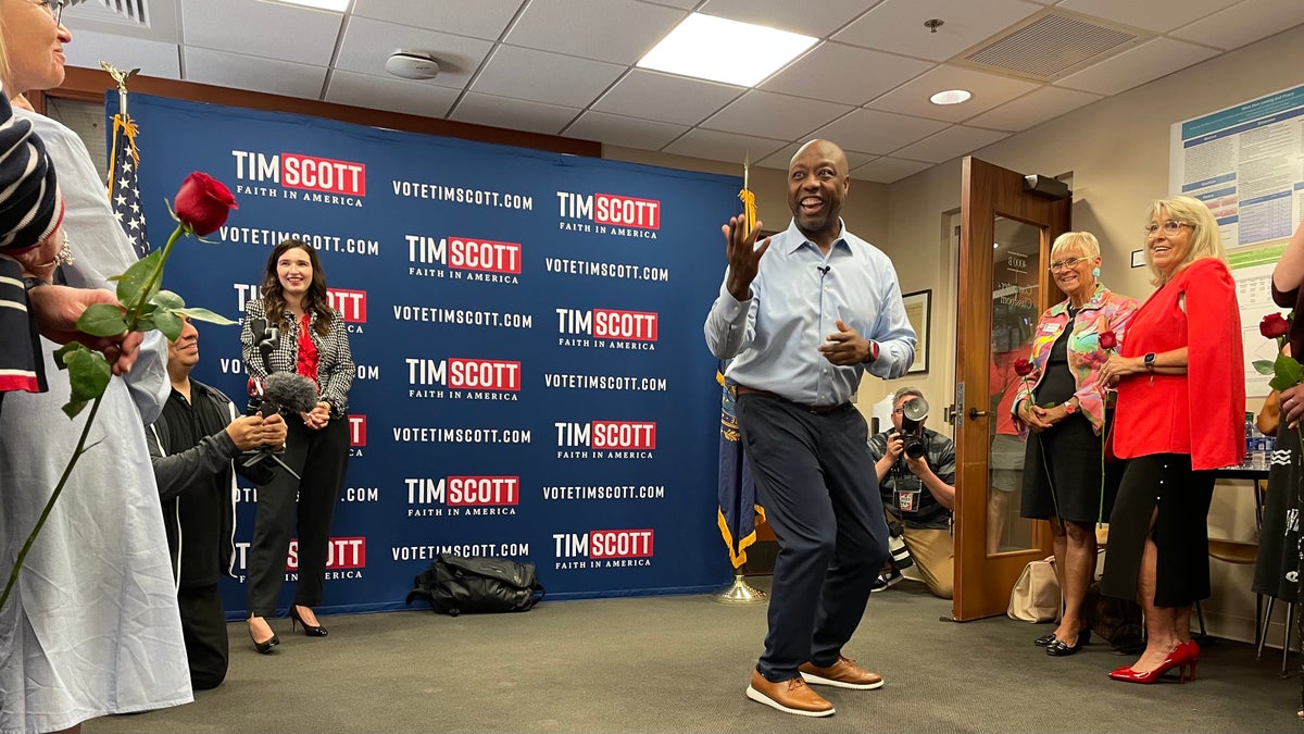 Then-GOP presidential candidate Sen. Tim Scott of South Carolina speaks with members of the New Hampshire Federation of Republican Women at an event at Saint Anselm College's New Hampshire Institute of Politics, on May 25, 2023 in Manchester, New Hampshire.