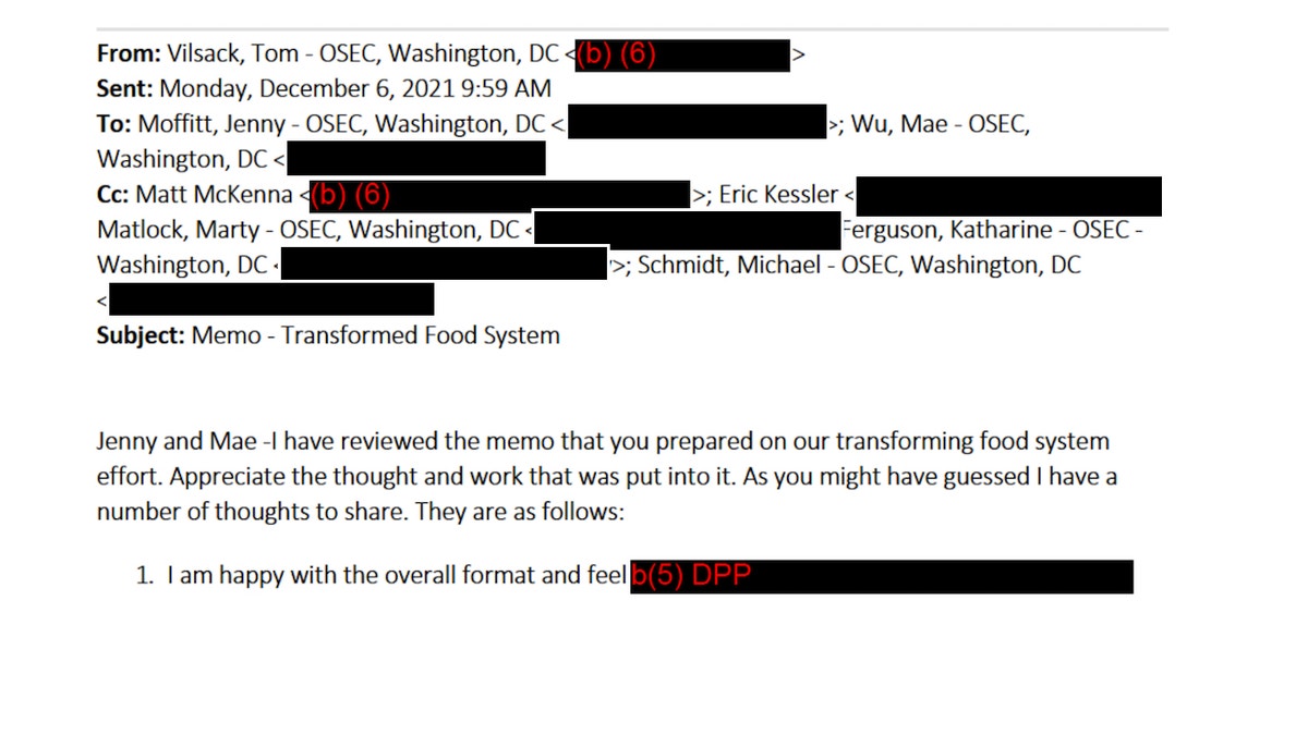 Vilsack provides comment on an internal memo about "transforming food systems" in an email copying Kessler.