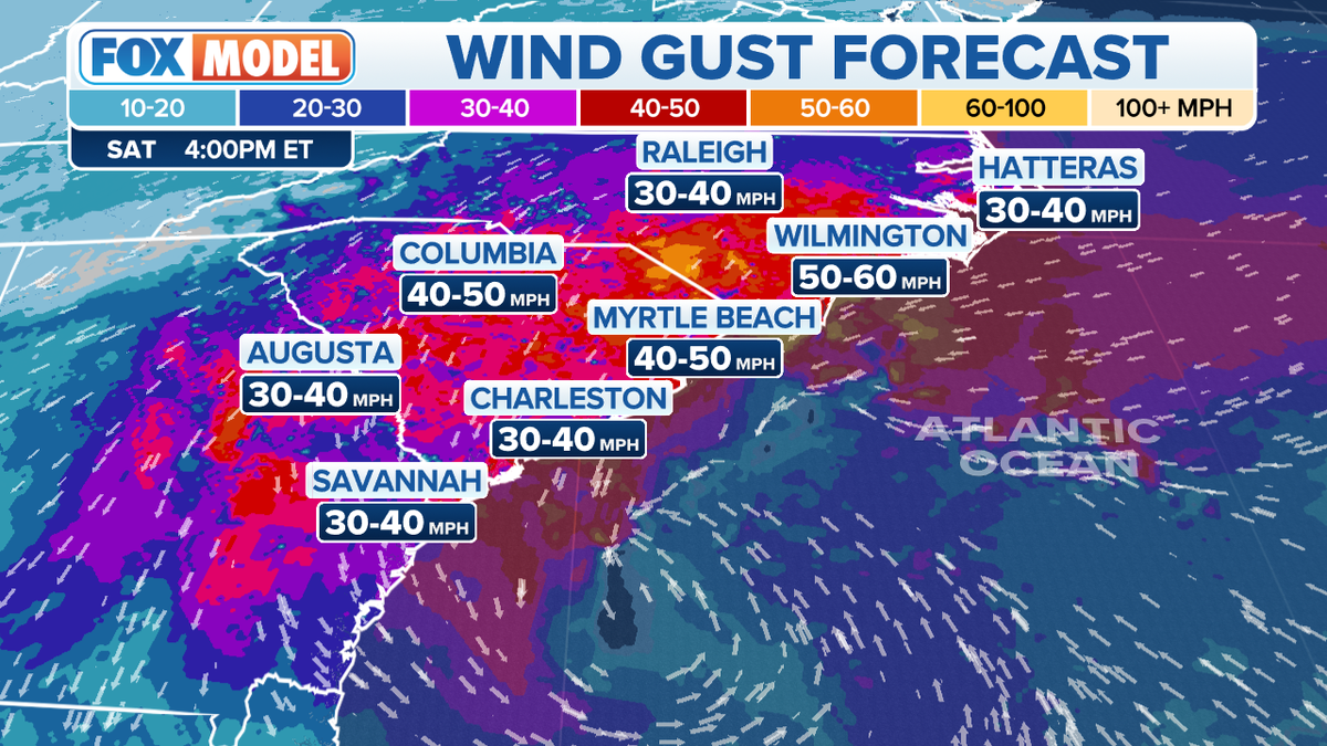 Wind gusts forecast in the Mid-Atlantic and Southeast