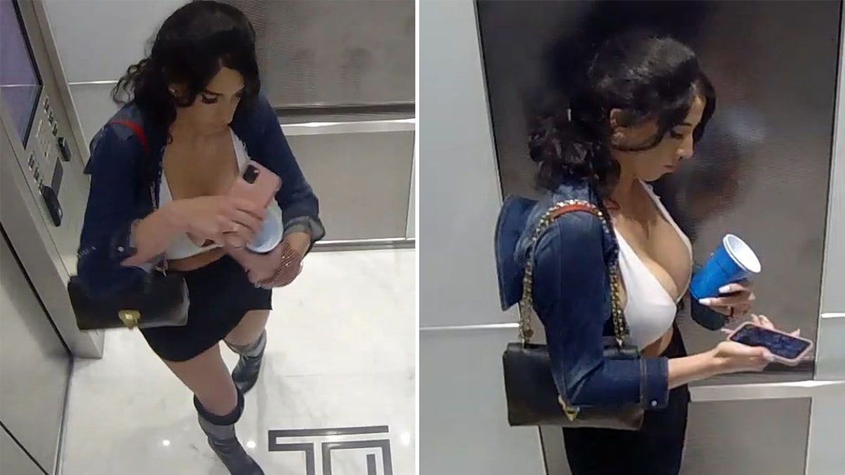 Surveillance stills of brunette woman in elevator wearing white halter top and a black miniskirt in Miami.