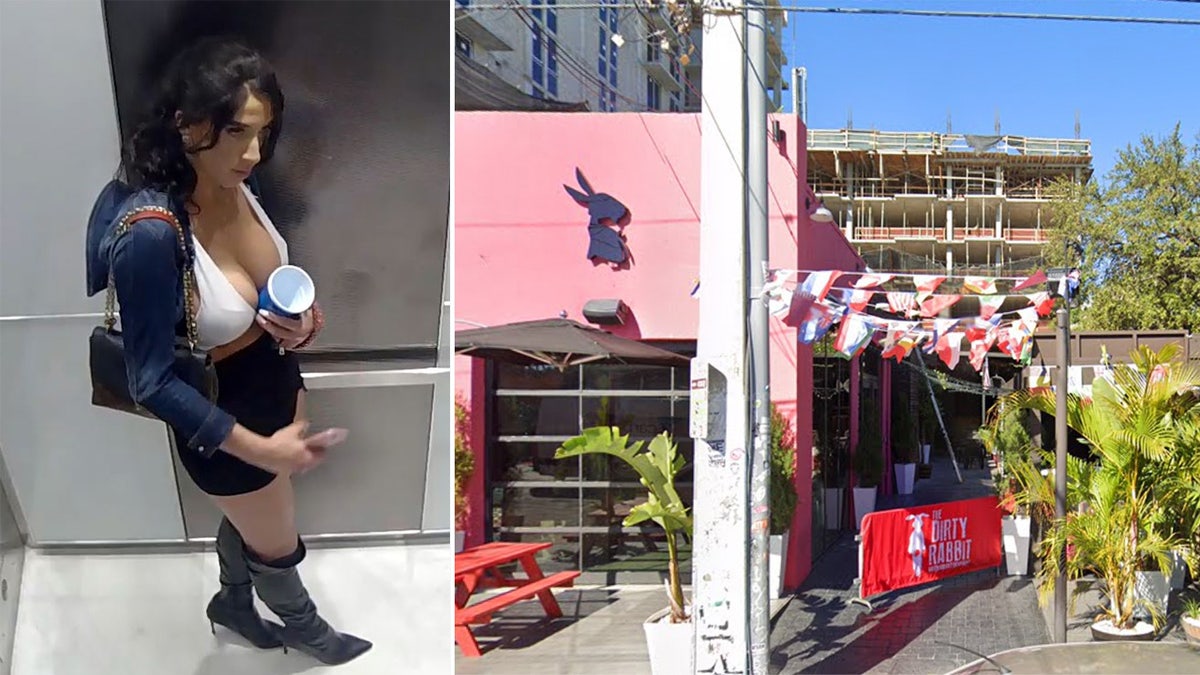 Woman wearing white halter top, black miniskirt next to a picture of the entrance of the Dirty Rabbit in Miami