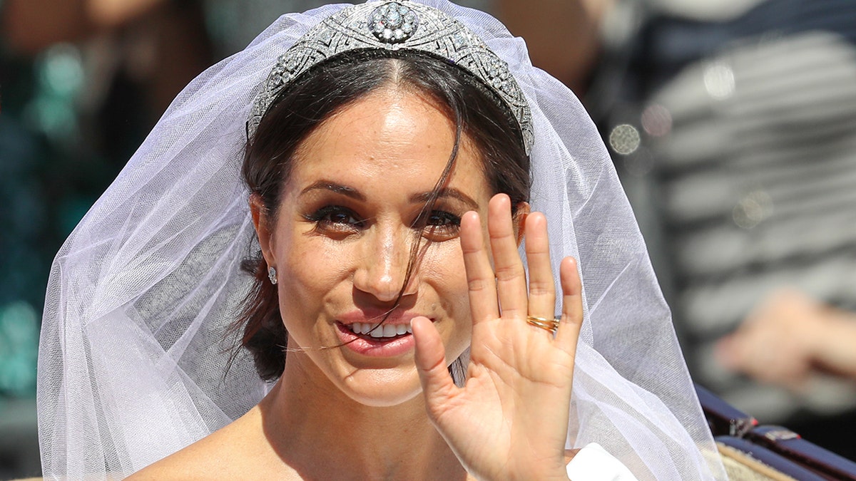 A close-up of Meghan Markle in her bridal gown
