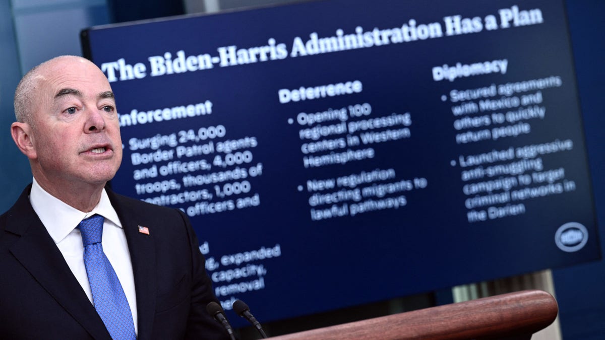 US Homeland Security Secretary Alejandro Mayorkas speaks during the daily press briefing in the Brady Press Briefing Room of the White House in Washington, DC, on May 11, 2023.