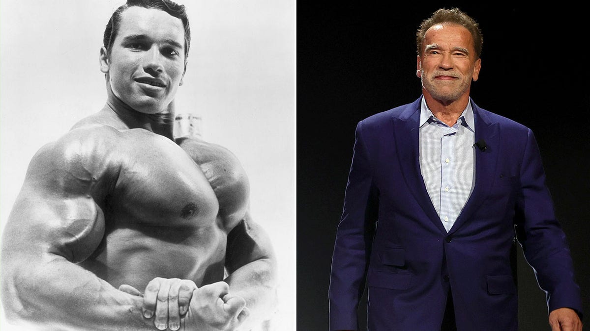 A split image featuring a photo of Arnold Schwarzenegger in his body-building days and a current photo of him.