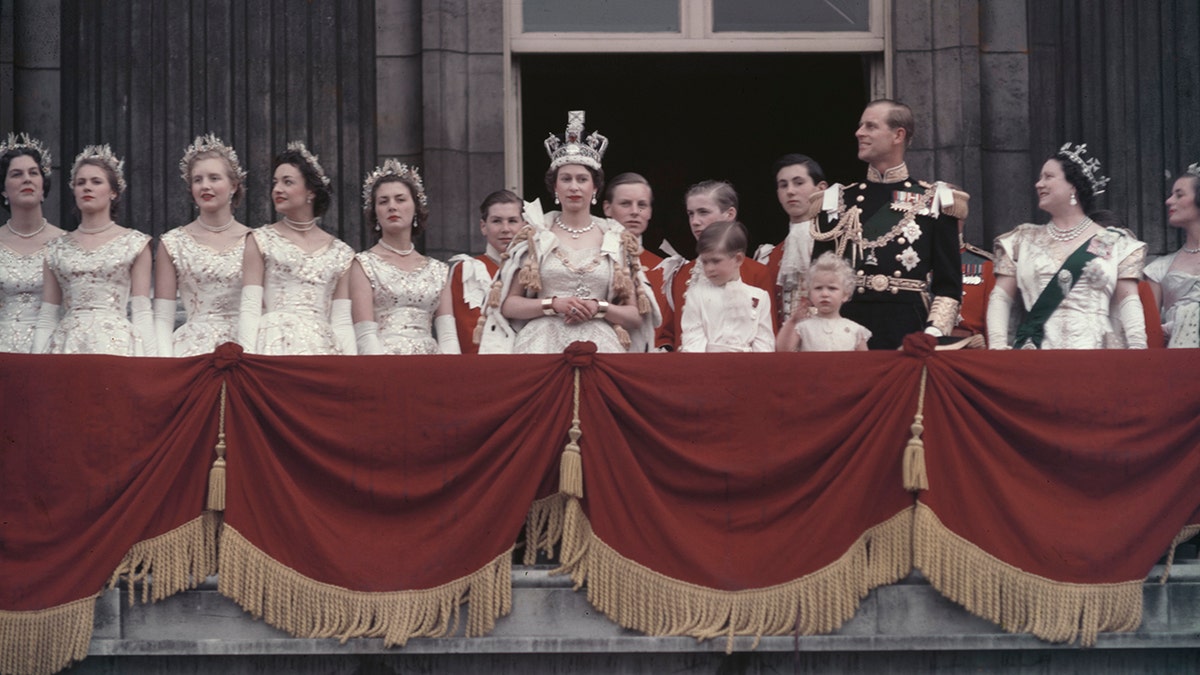 The royal family standing on the balcony after Queen Elizabeth's coronation