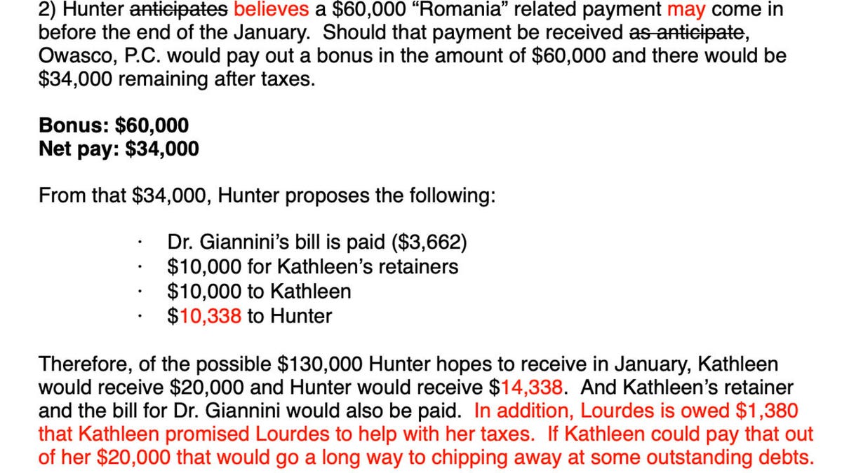 Excerpt of a draft email Hunter Biden's divorce lawyer was writing to send to Kathleen Buhle's lawyer. The red edits are from Hunter Biden's longtime business partner Eric Schwerin.