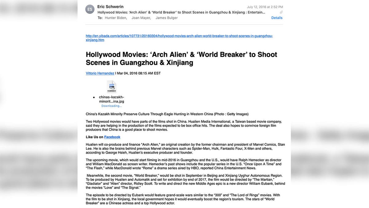 In July 2016, Schwerin sent an article to Biden, Bulger and Rosemont Seneca’s Joan Mayer saying Hualien Media planned to shoot scenes for "Arch Alien" in Guangzhou and "World Breaker" in Beijing and Xinjiang Uyghur Autonomous Region.