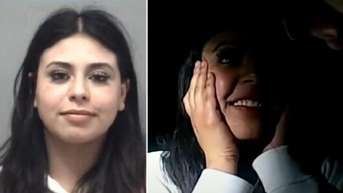 Stephanie Melgoza mug shot, left, smiling at crash right