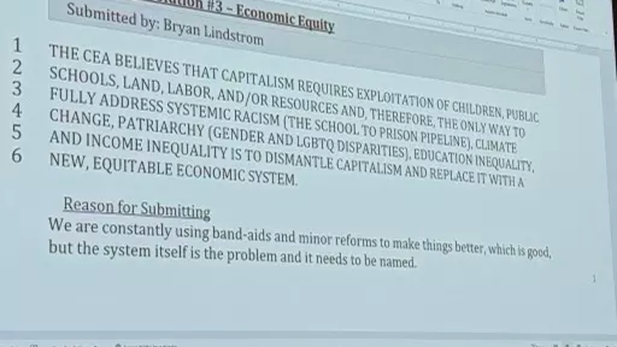 A former federal official sent a screenshot of the resolution to an outlet called The Lion, who obtained the document first. The resolution was introduced by Bryan Lindstrom, a college history teacher who retweeted a comment that said that the resolution "allows CEA members to ?publicly advocate and lobby for anti-capitalist policies at the CO Capitol."