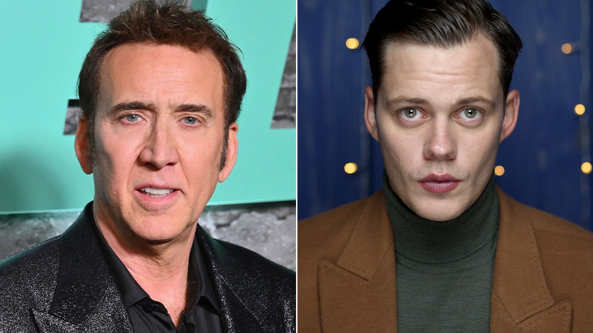 Split screen of Nicolas Cage and Bill Skarsgard