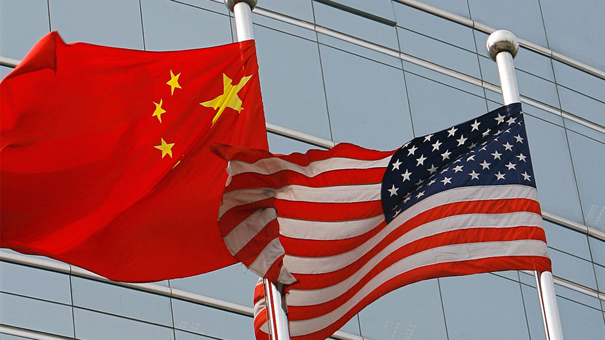 china, us flags on flagpoles outside building