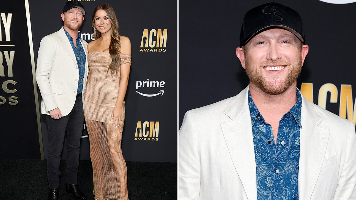 Cole Swindell wears white blazer and blue button-down shirt at ACM Awards with fiancee Courtney Little in a sheer nude dress