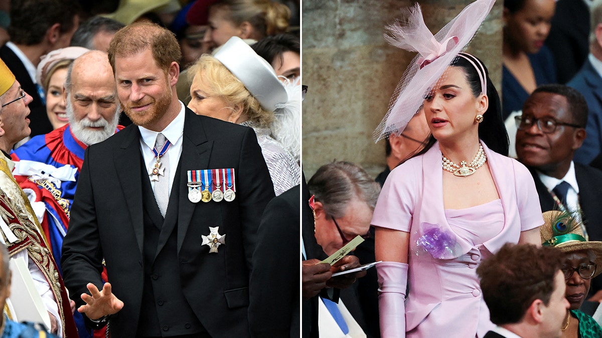 Prince Harry surrounded by people gives a small wave by his hips wearing a dark suit with his medals at the coronation split Katy Perry in a lilac dress and matching hat looks for her seat inside Westminster Abbey