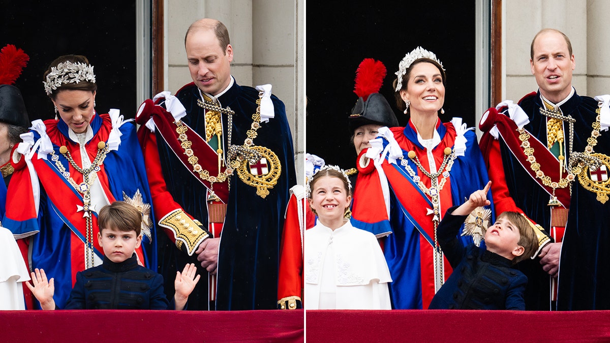 Prince Louis waves on the balcony in front of his mother Kate Middleton in red and a large stone tiara and Prince William in black adorned with a sash and chain split Prince Louis points up to the sky